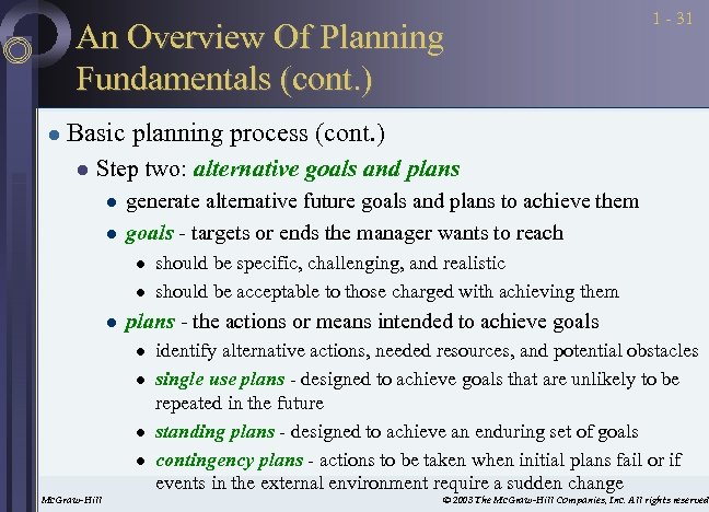 An Overview Of Planning Fundamentals (cont. ) l 1 - 31 Basic planning process