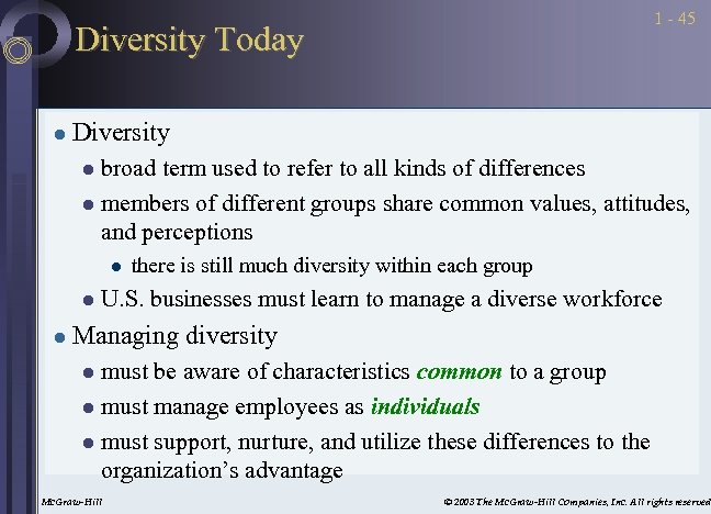 1 - 45 Diversity Today l Diversity broad term used to refer to all