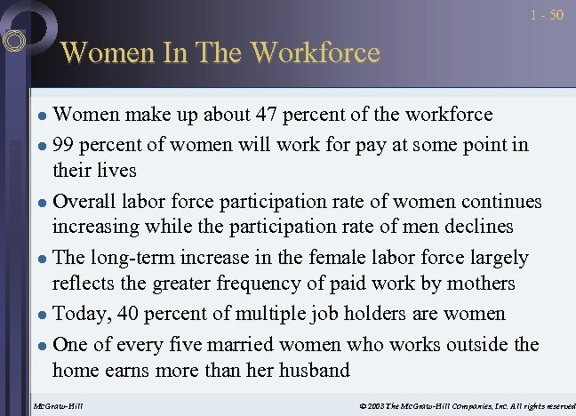 1 - 50 Women In The Workforce Women make up about 47 percent of