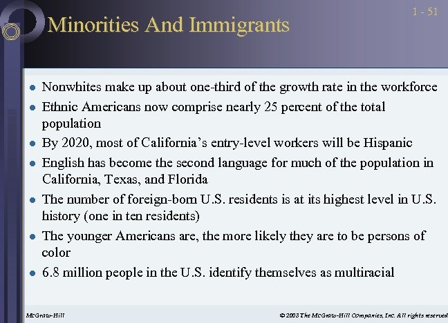 Minorities And Immigrants l l l l 1 - 51 Nonwhites make up about