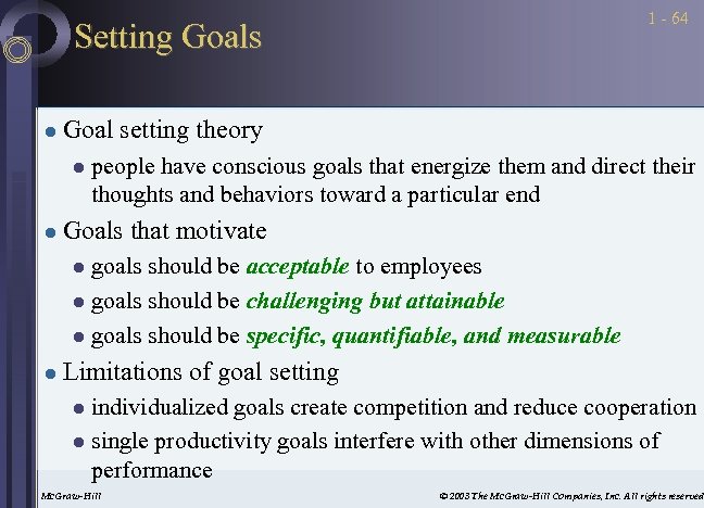 1 - 64 Setting Goals l Goal setting theory l l people have conscious
