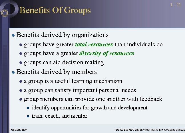 1 - 71 Benefits Of Groups l Benefits derived by organizations groups have greater