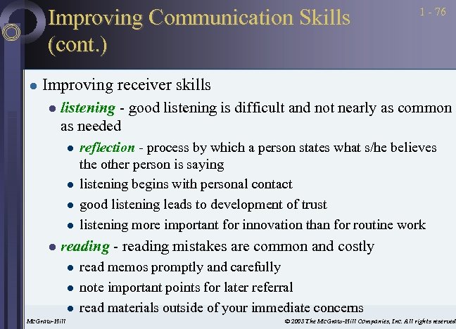 Improving Communication Skills (cont. ) l 1 - 76 Improving receiver skills l listening
