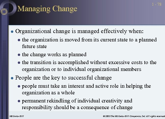 1 - 78 Managing Change l Organizational change is managed effectively when: the organization
