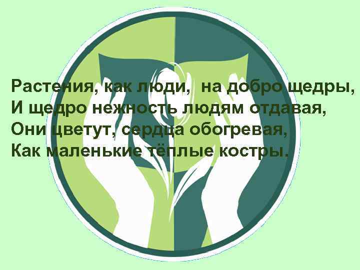 Растения, как люди, на добро щедры, И щедро нежность людям отдавая, Они цветут, сердца