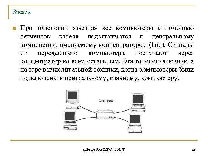 Звезда n При топологии «звезда» все компьютеры с помощью сегментов кабеля подключаются к центральному