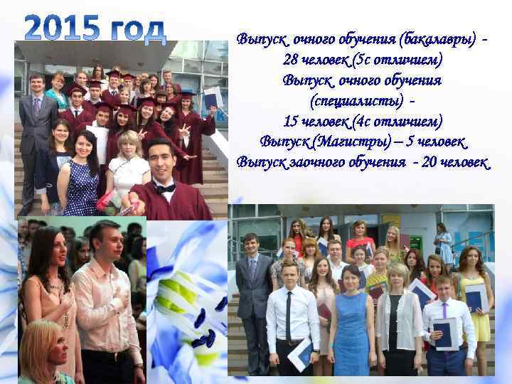 Выпуск очного обучения (бакалавры) 28 человек (5 с отличием) Выпуск очного обучения (специалисты) 15