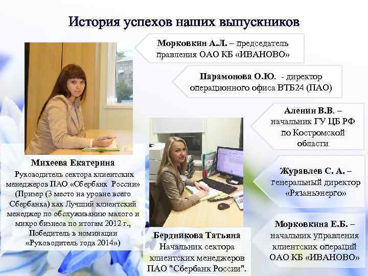 История успехов наших выпускников Морковкин А. Л. – председатель правления ОАО КБ «ИВАНОВО» Парамонова