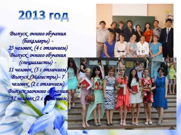 Выпуск очного обучения (бакалавры) 25 человек (4 с отличием) Выпуск очного обучения (специалисты) 11