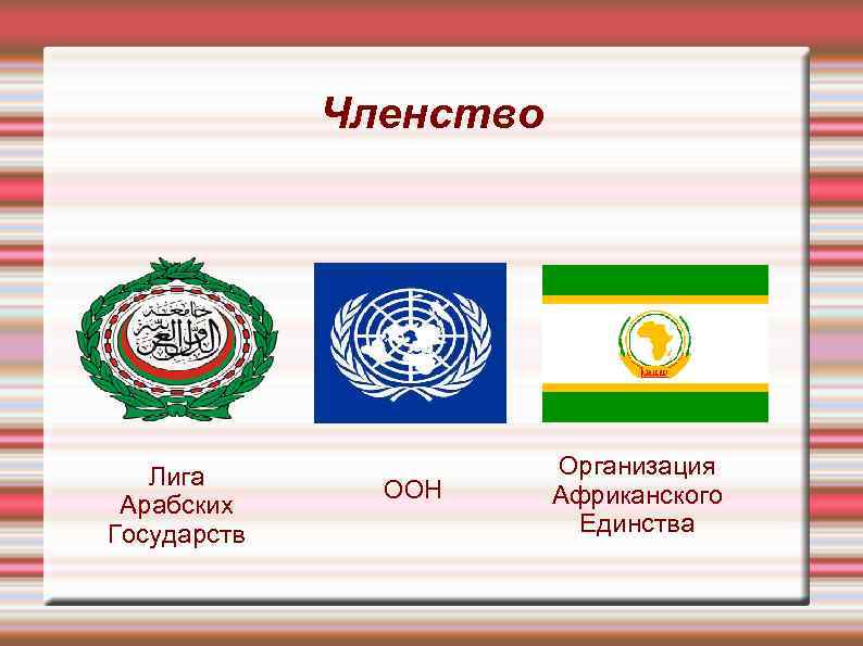 Членство Лига Арабских Государств ООН Организация Африканского Единства 