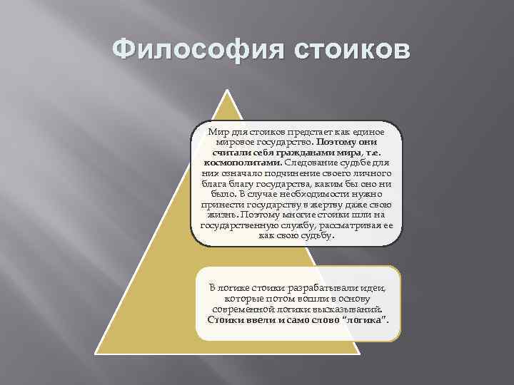 Философия стоиков Мир для стоиков предстает как единое мировое государство. Поэтому они считали себя