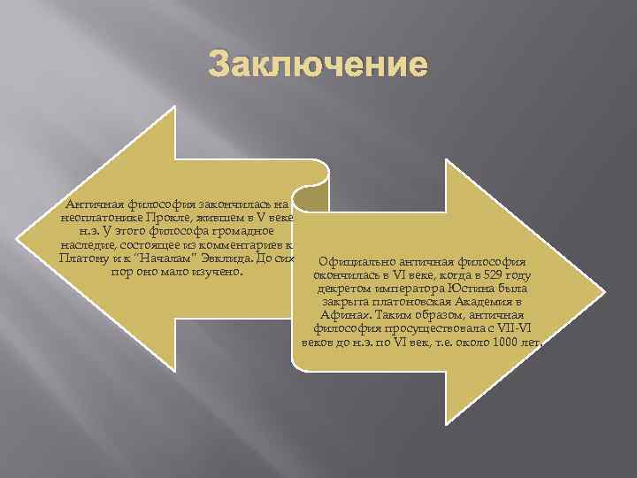 Заключение Античная философия закончилась на неоплатонике Прокле, жившем в V веке н. э. У