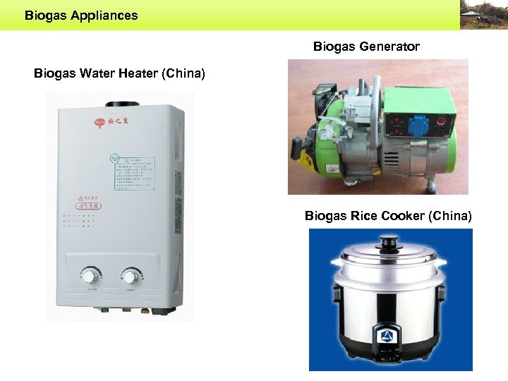 Biogas Appliances Biogas Generator Biogas Water Heater (China) Biogas Rice Cooker (China) 