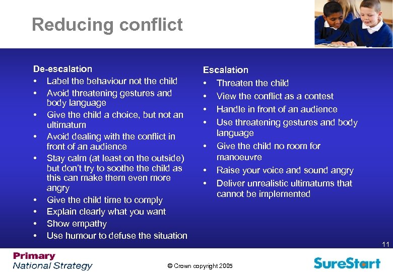 Reducing conflict De-escalation • Label the behaviour not the child • Avoid threatening gestures