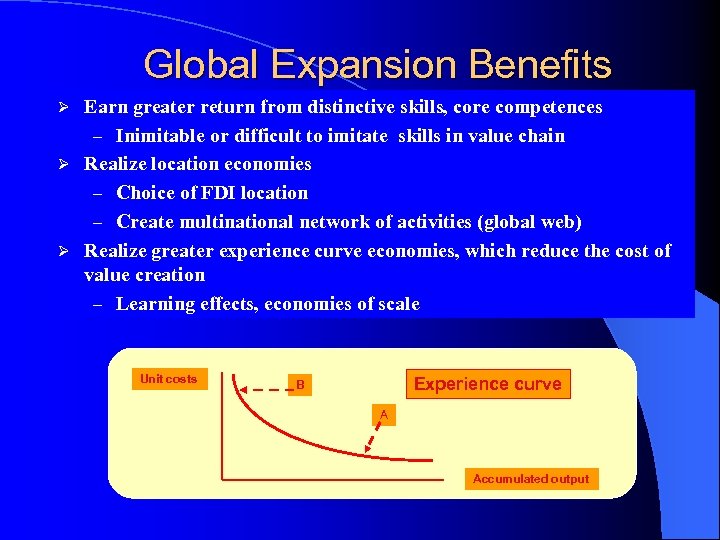 Global Expansion Benefits Earn greater return from distinctive skills, core competences – Inimitable or