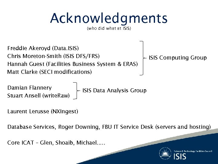 Acknowledgments (who did what at ISIS) Freddie Akeroyd (Data. ISIS) Chris Moreton-Smith (ISIS DFS/FRS)