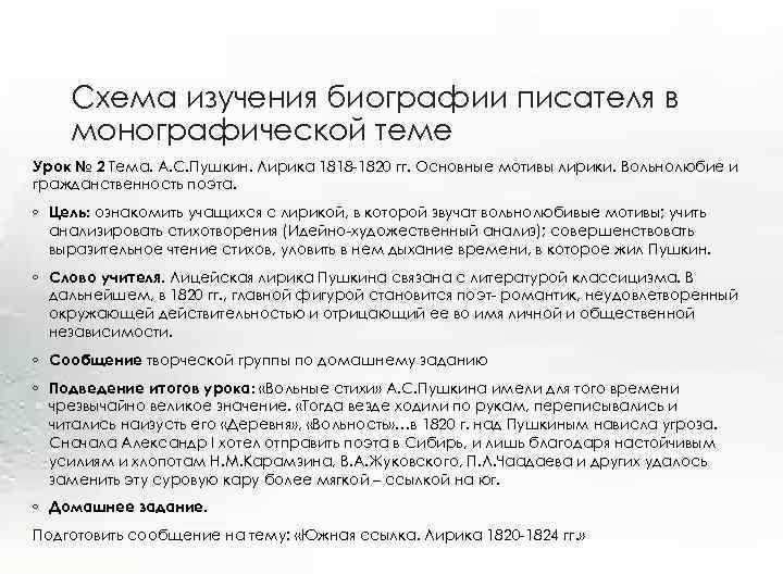 Схема изучения биографии писателя в монографической теме Урок № 2 Тема. А. С. Пушкин.