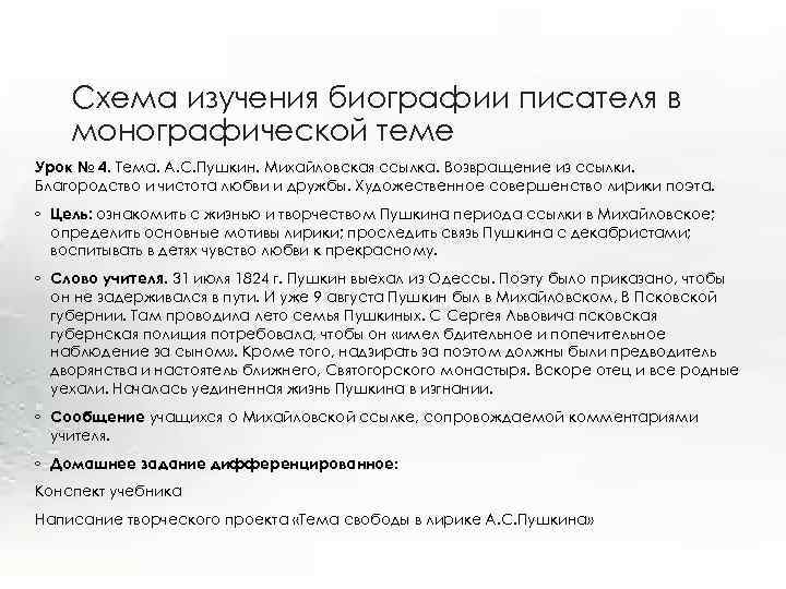 Схема изучения биографии писателя в монографической теме Урок № 4. Тема. А. С. Пушкин.