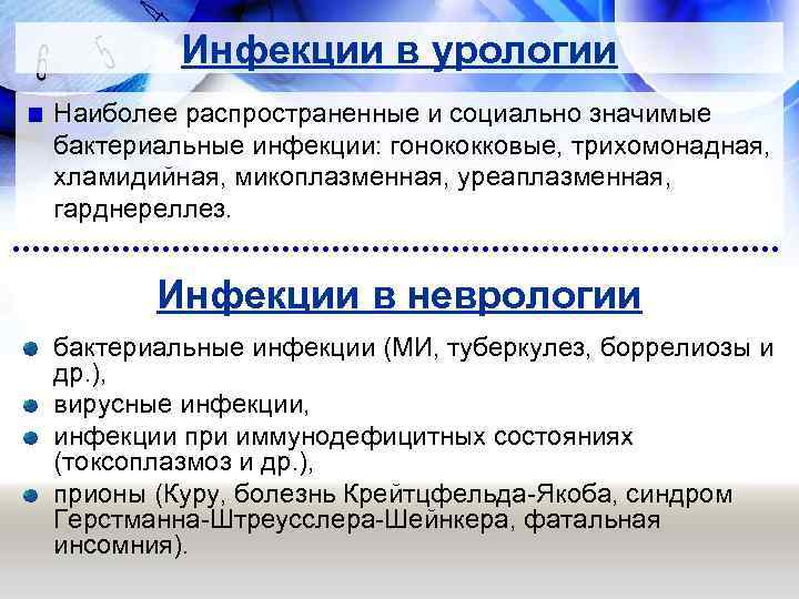 Инфекции в урологии Наиболее распространенные и социально значимые бактериальные инфекции: гонококковые, трихомонадная, хламидийная, микоплазменная,