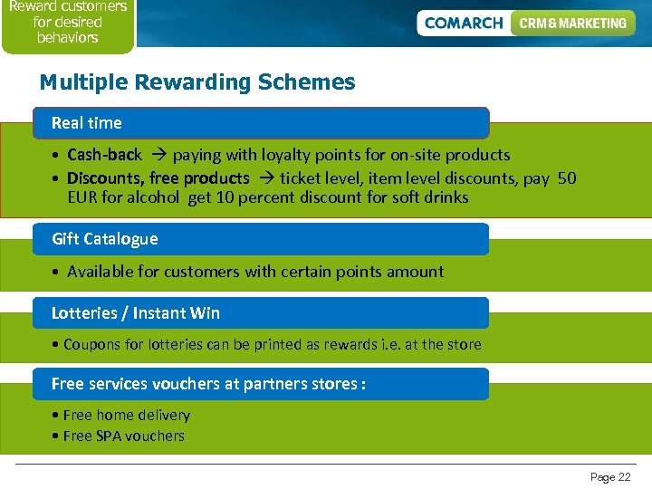 Reward customers for desired behaviors Multiple Rewarding Schemes Real time • Cash-back paying with