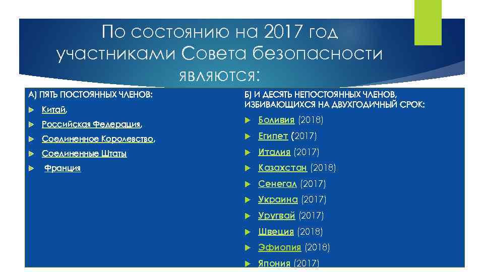 По состоянию на 2017 год участниками Совета безопасности являются: А) ПЯТЬ ПОСТОЯННЫХ ЧЛЕНОВ: Б)