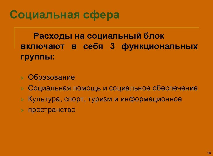 Социальная сфера Расходы на социальный блок включают в себя 3 функциональных группы: Ø Ø
