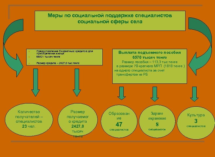 Меры по социальной поддержке специалистов социальной сферы села n Предоставление бюджетных кредитов для приобретения