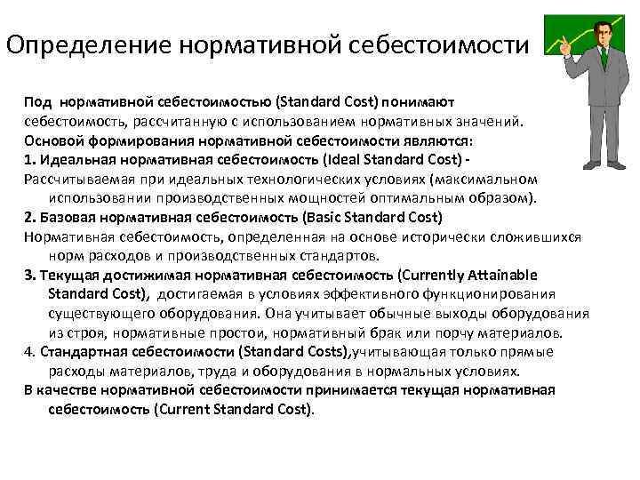 Определение нормативной себестоимости Под нормативной себестоимостью (Standard Cost) понимают себестоимость, рассчитанную с использованием нормативных