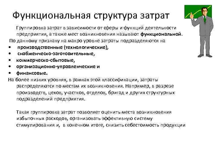 Функциональная структура затрат Группировка затрат в зависимости от сферы и функций деятельности предприятия, а