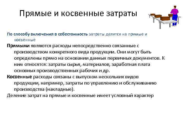 Прямые и косвенные затраты По способу включения в себестоимость затраты делятся на прямые и