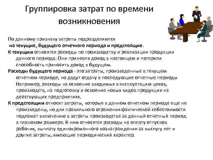 Группировка затрат по времени возникновения По данному признаку затраты подразделяются на текущие, будущего отчетного