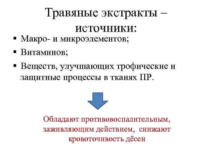 Травяные экстракты – источники: § Макро- и микроэлементов; § Витаминов; § Веществ, улучшающих трофические