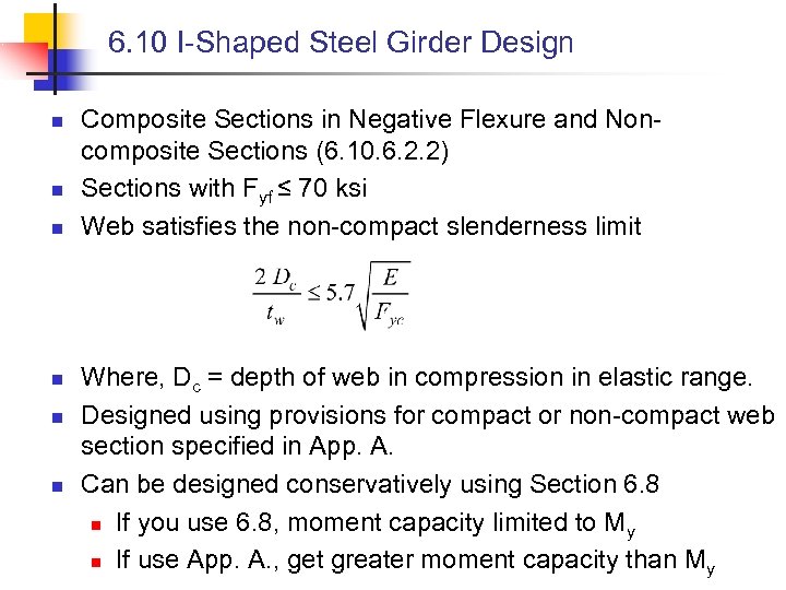 6. 10 I-Shaped Steel Girder Design n n n Composite Sections in Negative Flexure