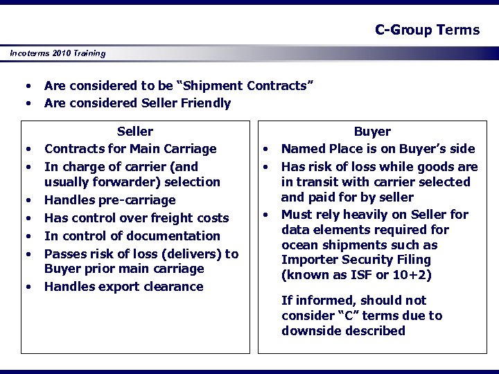 C-Group Terms Incoterms 2010 Training • • • Are considered to be “Shipment Contracts”