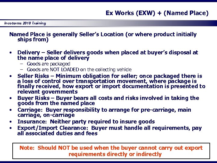 Ex Works (EXW) + (Named Place) Incoterms 2010 Training Named Place is generally Seller’s