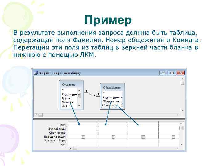 Пример В результате выполнения запроса должна быть таблица, содержащая поля Фамилия, Номер общежития и