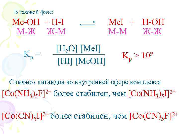В газовой фазе: Me-OH + H-I М-Ж Ж-М Kp = [H 2 O] [Me.