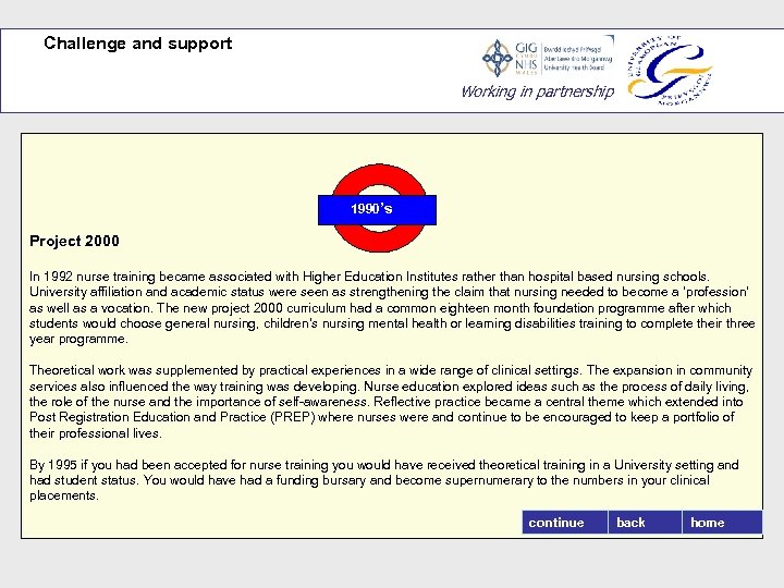Challenge and support Working in partnership 1990’s Project 2000 In 1992 nurse training became
