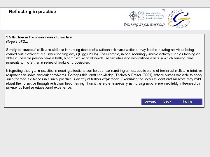 Reflecting in practice Working in partnership ‘Reflection in the messiness of practice Page 1
