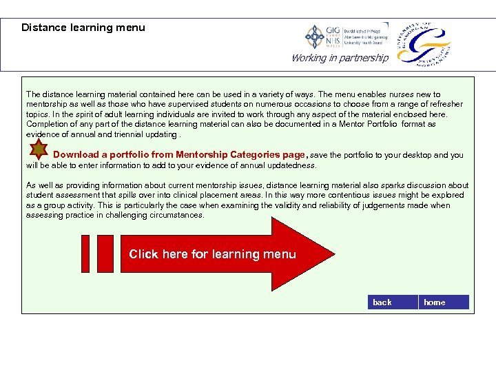 Distance learning menu Working in partnership The distance learning material contained here can be