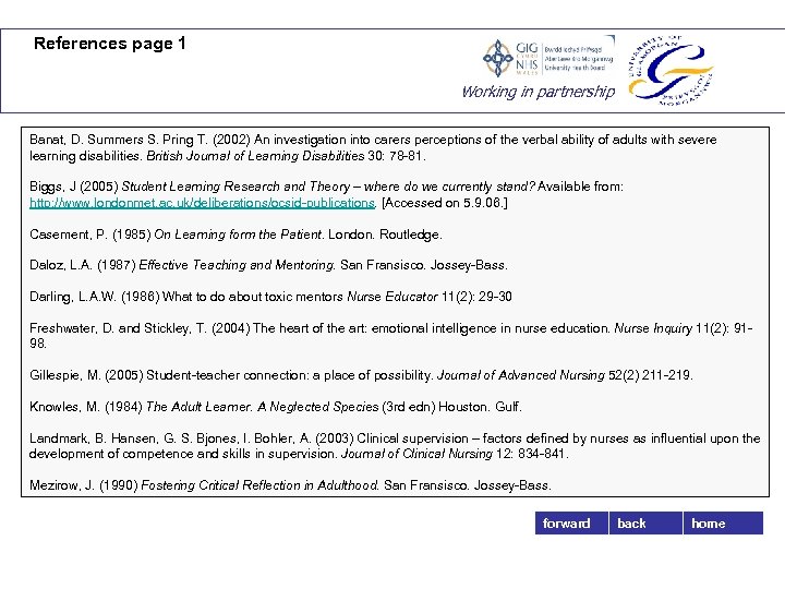 References page 1 Working in partnership Banat, D. Summers S. Pring T. (2002) An