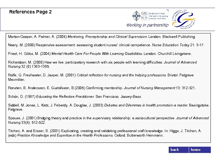 References Page 2 Working in partnership Morton-Cooper, A. Palmer, A. (2005) Mentoring, Preceptorship and