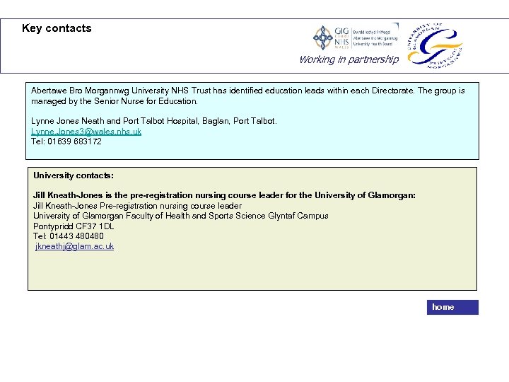 Key contacts Working in partnership Abertawe Bro Morgannwg University NHS Trust has identified education