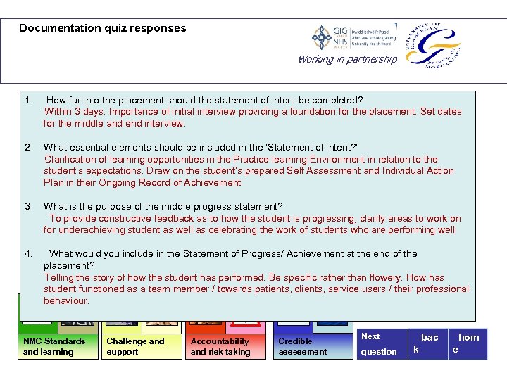 Documentation quiz responses Working in partnership 1. How far into the placement should the
