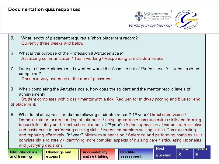 Documentation quiz responses Working in partnership 5. What length of placement requires a ‘short