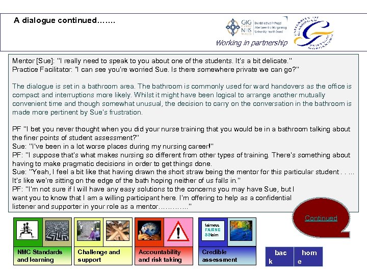 A dialogue continued……. Working in partnership Mentor [Sue]: ‘‘I really need to speak to