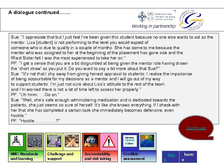 A dialogue continued……. Working in partnership Sue: ‘‘I appreciate that but I just feel