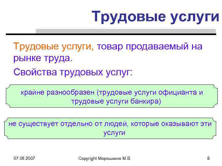 Трудовые услуги, товар продаваемый на рынке труда. Свойства трудовых услуг: крайне разнообразен (трудовые услуги