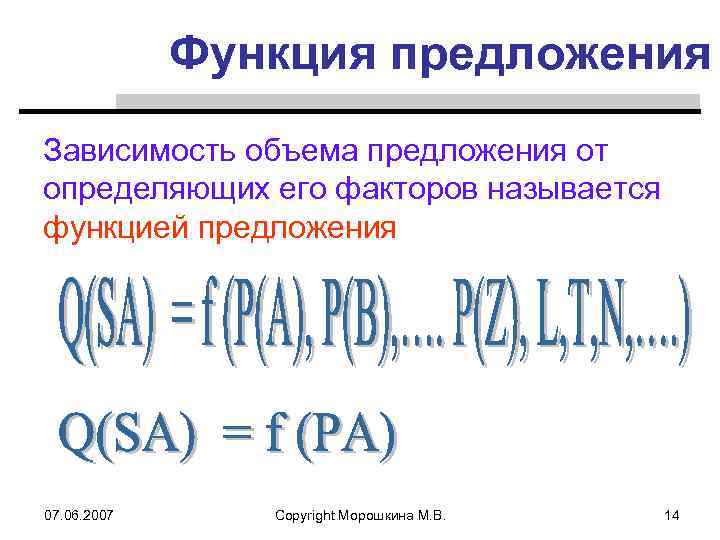 Функция предложения Зависимость объема предложения от определяющих его факторов называется функцией предложения 07. 06.