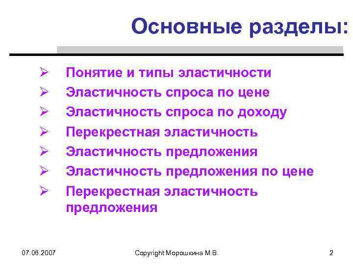 Основные разделы: Ø Ø Ø Ø 07. 06. 2007 Понятие и типы эластичности Эластичность
